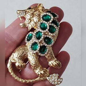 Lion brooch crystals green jelly belly lucite vintage style Big necklace Pendant